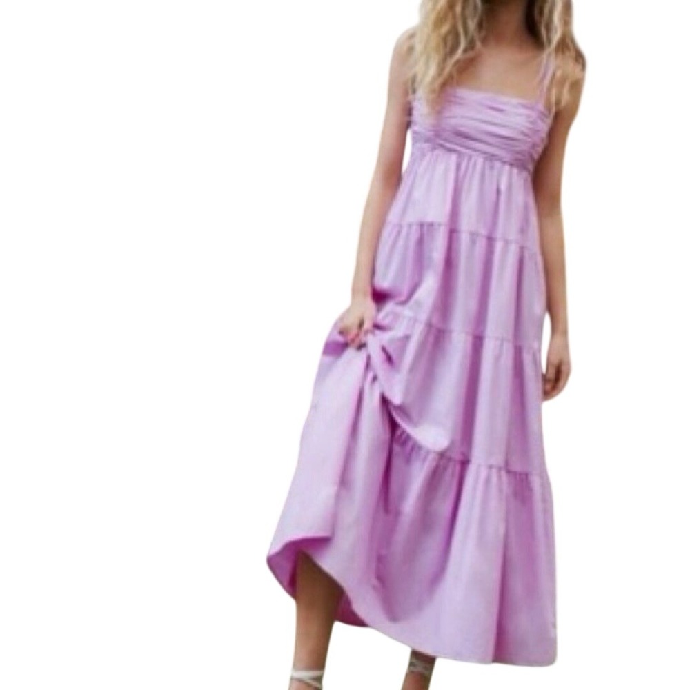 Zara Bloggers Favorite Pink Poplin Tiered Maxi Dress XS Pastel Romantic Flowy
